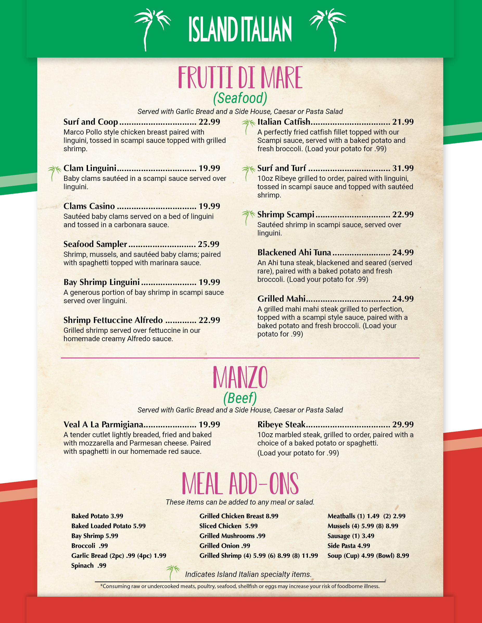 Island Italian Restaurant Dinner Menu in Corpus Christi, Texas.